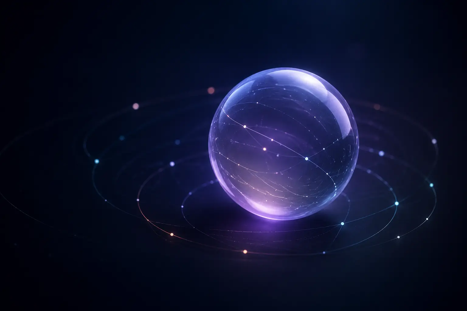 Esfera translúcida conectada por órbitas luminosas